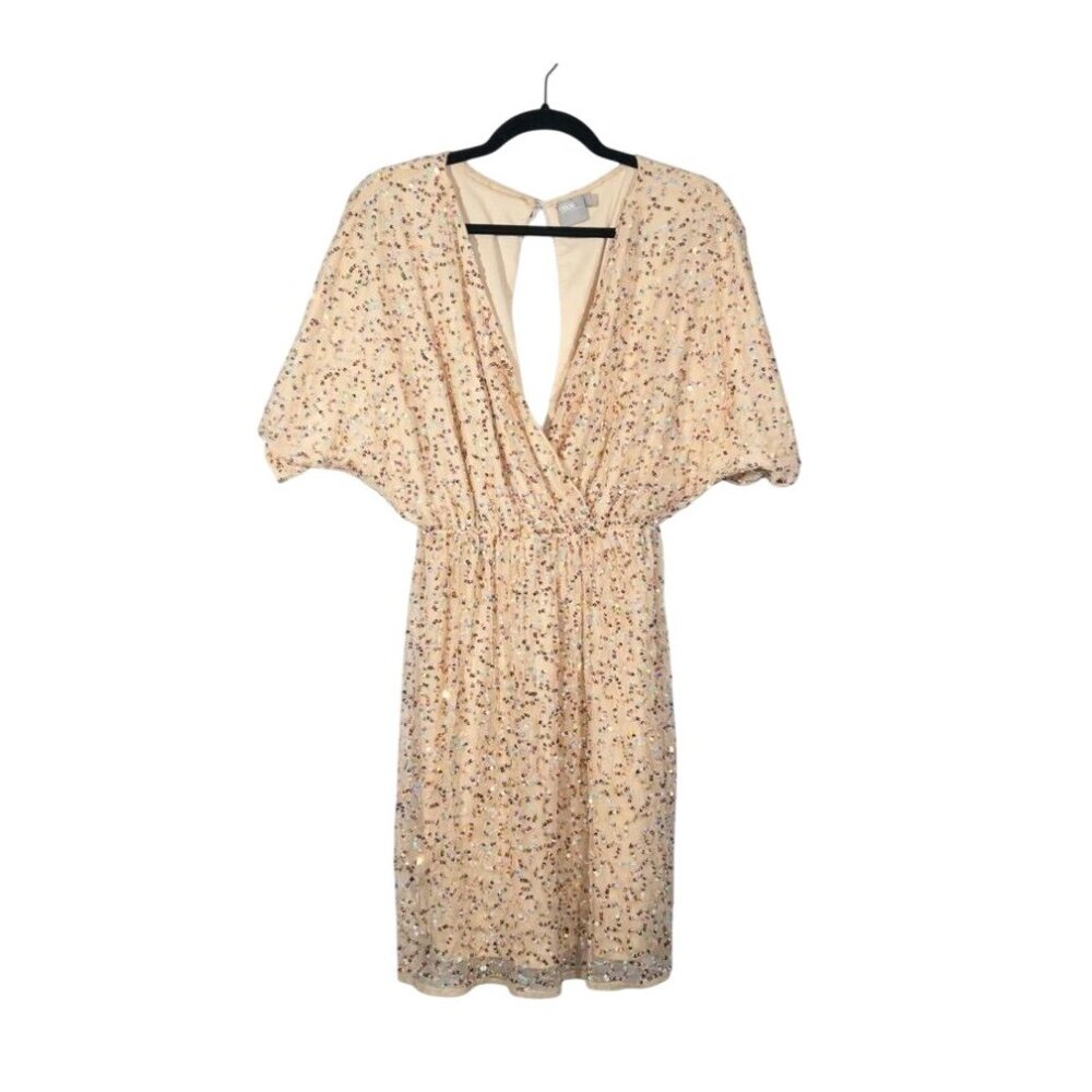 ASOS Beige Sequin Wrap Mini Dress With Flared Sleeves V-Neck Size 6 Polyester Bl - Picture 8 of 8